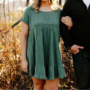 Linen blend round neck dress with fringe short sleeves and scoop hem